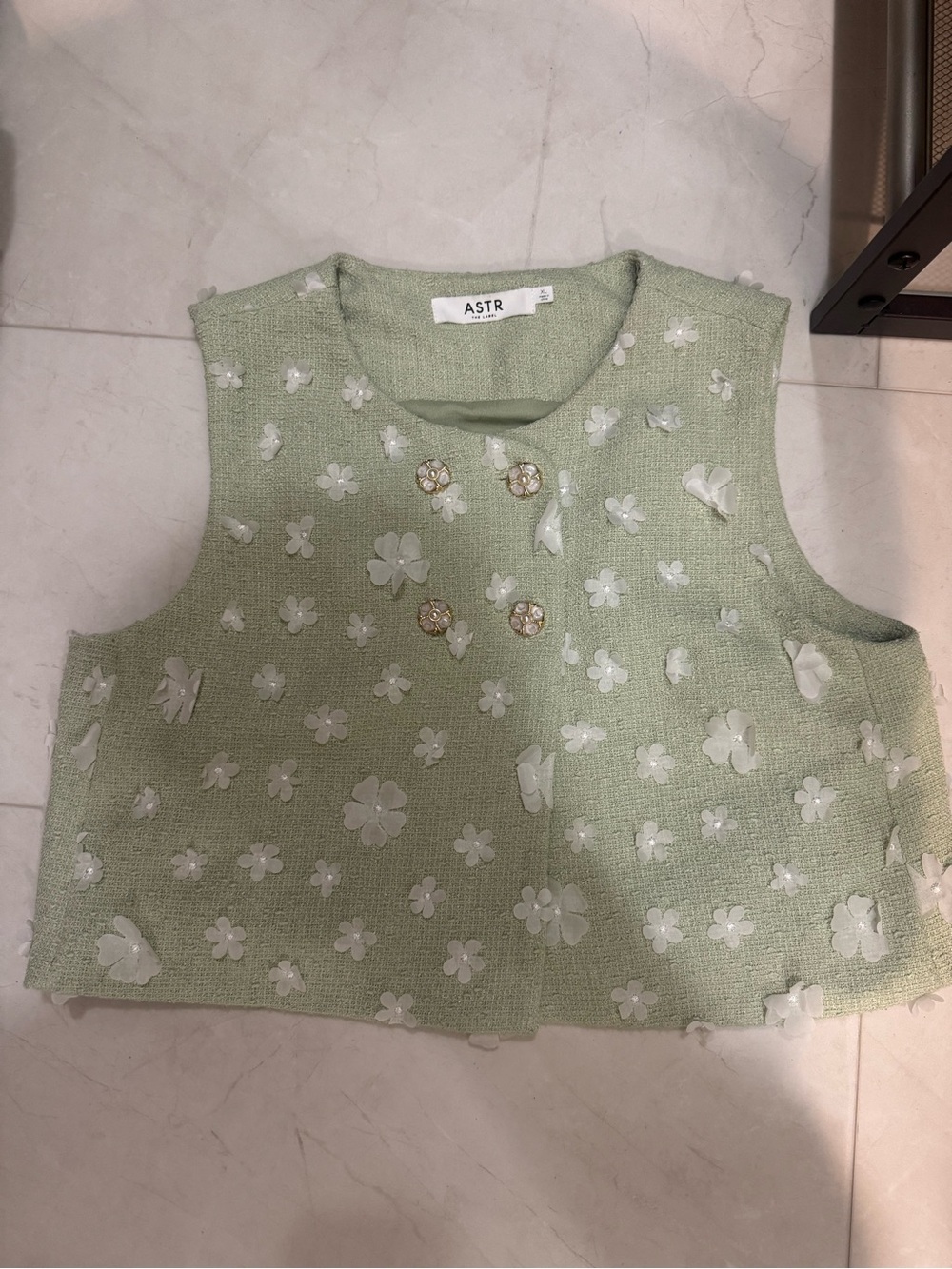 Astr Mint Green Floral Appliqué Cropped Vest with Pearl Buttons